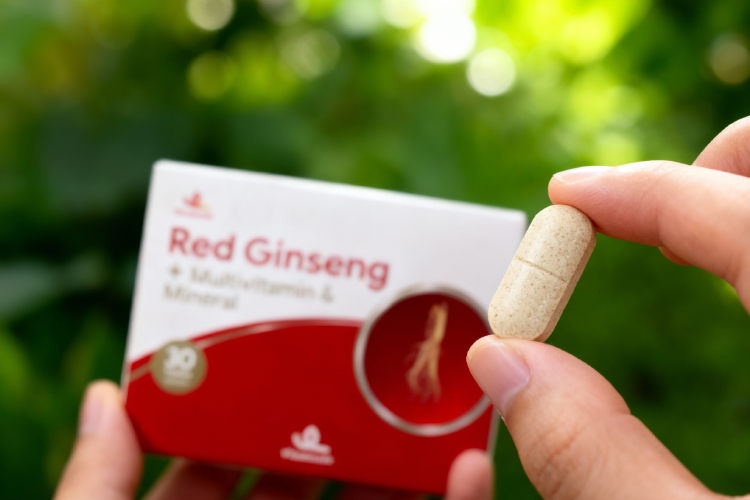 قرص جینسینگ قرمز برای افزایش وزن در دست با پس زمینه طبیعی